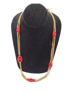 Vintage Gold-Tone Chain Necklace W/ Red Oval Lucite Accents Double-Layer Design